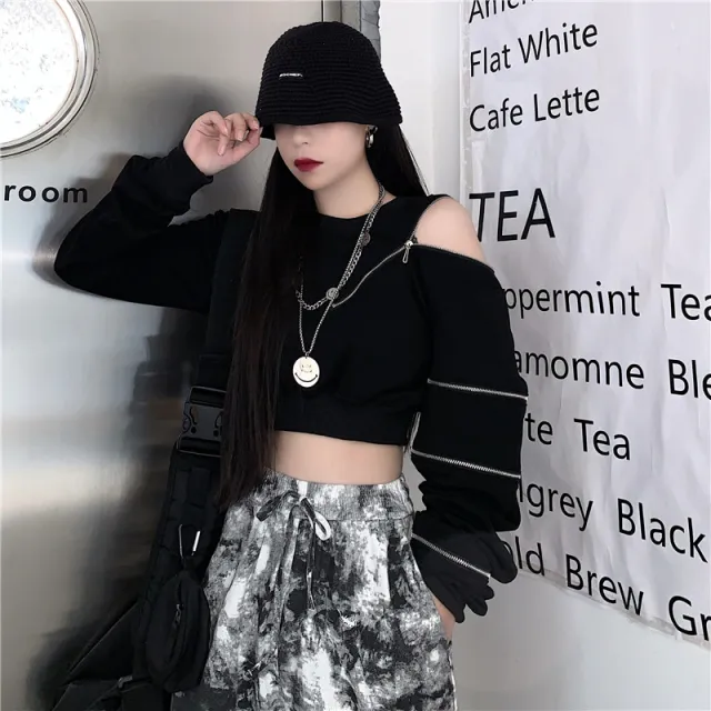 Student Harajuku Style Long Sleeve Off Shoulder Top Black - Shop at LoveMi