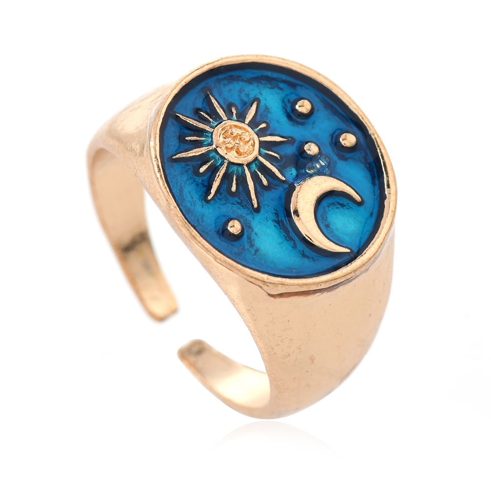 1 Piece Zinc Alloy Sun Moon Star Ring, Blue Enamel Adjustable Open Ring For Women, Trendy Celestial Jewelry