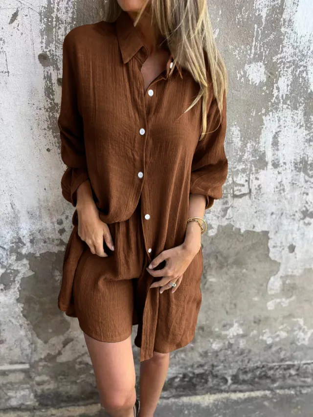 Loose Long sleeved Shirt Suit With Lapel Button Tops And Elasticated Shorts Fashion Casual Clothing For Women Brown - Shop at LoveMi