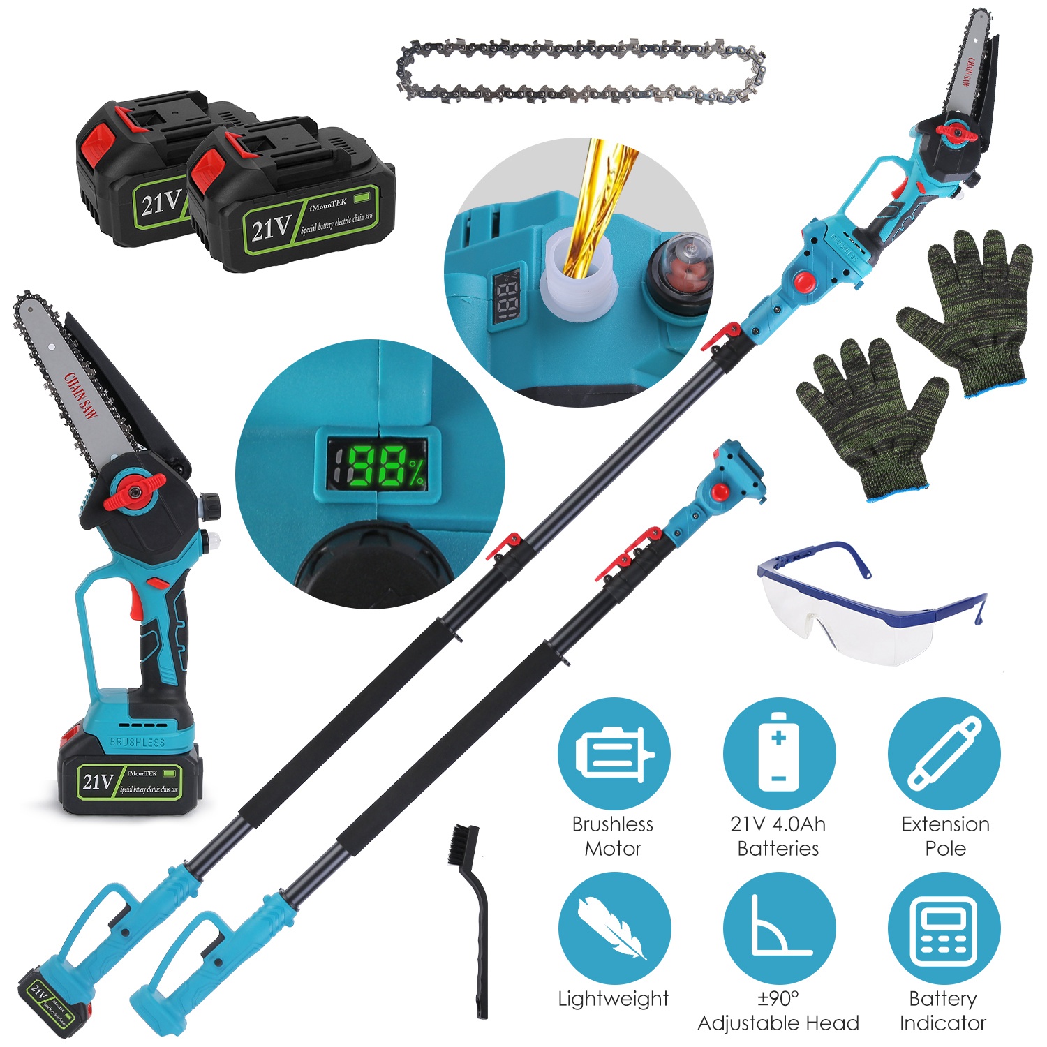 Cordless Pole Saw And Mini Chainsaw With Extension Pole 21V Battery 6IN Electric Brushless Pole Chainsaw With Digital Display Auto Oiler Safety Switch For Tree Trimming - Image 1