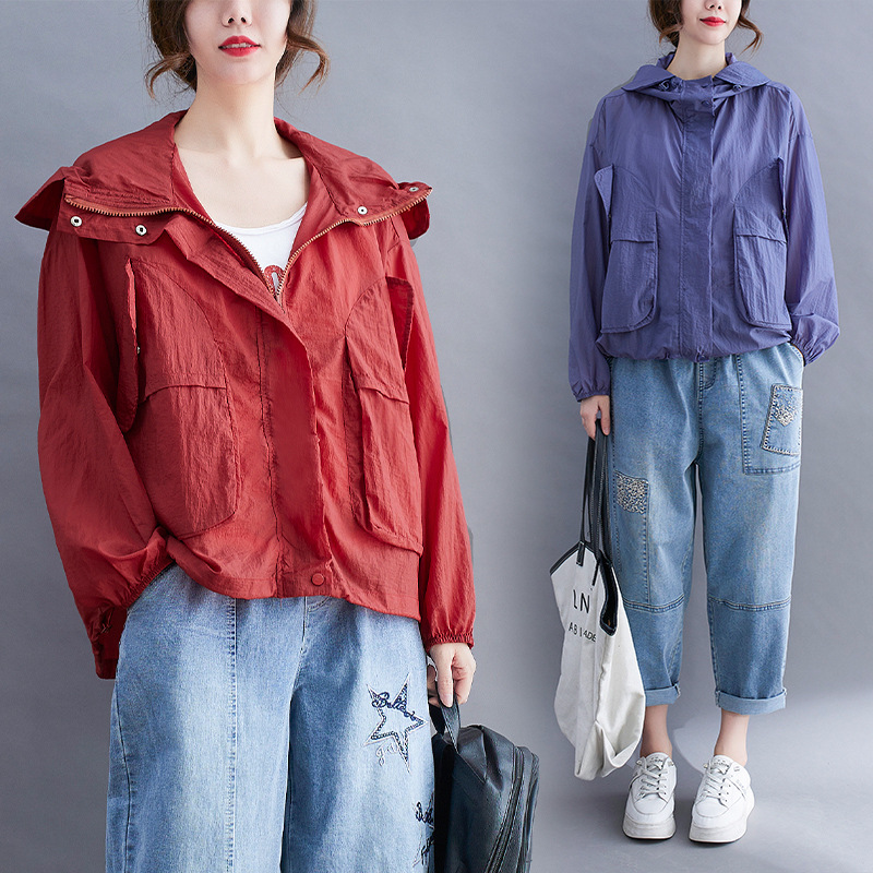 Pure Color Patch Pockets Loose Long-Sleeved Hooded Casual Thin Breathable Sun Protection Clothing