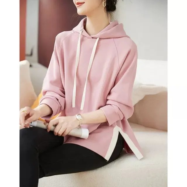 Cotton Hooded Sweater For Women Loose Fitting Pink - Shop at LoveMi