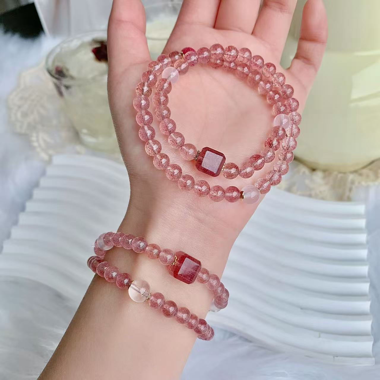 Natural Strawberry Quartz Bracelet Square Bead Multi Layer Round Chain Wealth Love Energy Jewelry For Women