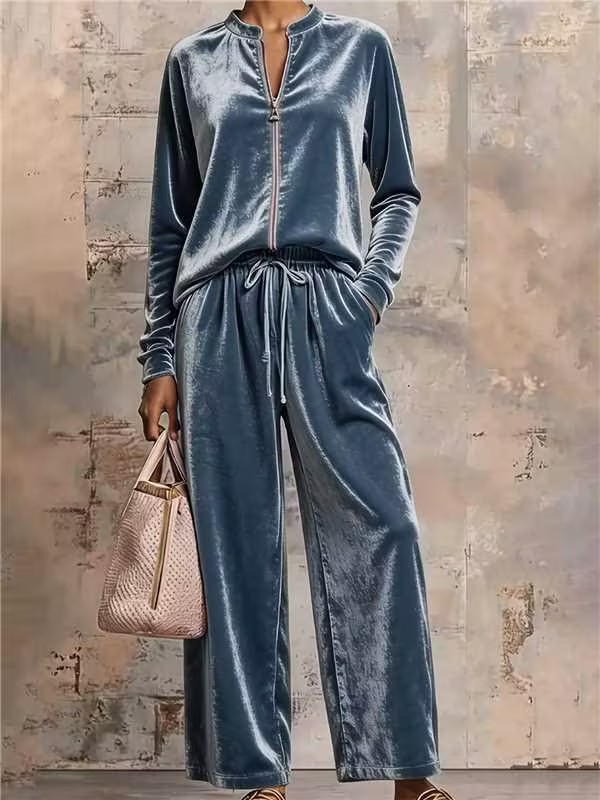 Velvet Hoodie Jacket & High Waist Wide Leg Pants Women's Outfit With Drapey Fabric
