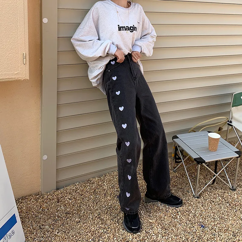 High Waist And Slim White Style Wide Leg Mopping Denim Trousers - Black
