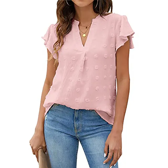 Women's Summer V Neck Ruffle Short Sleeve Blouse Business Office Casual Top Shirts Pink - Shop at LoveMi