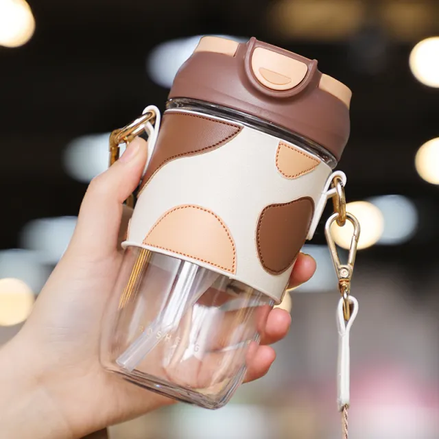Creative Light And Luxurious Small Fragrant Double Drinking Plastic Straw Cup Leather Cover Brown - Shop at LoveMi