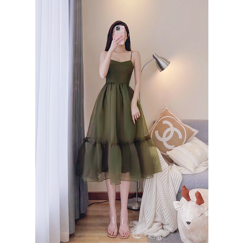 Bird Green Strap Dress Women's Chiffon