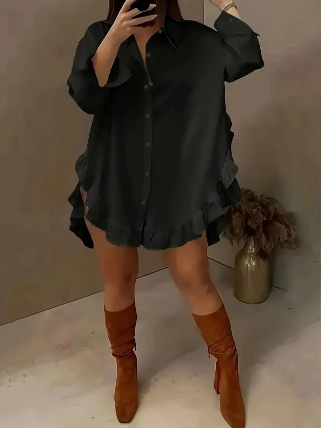 Hem Ruffled Casual Long Sleeve Shirt Black - Shop at LoveMi