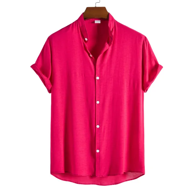 Men's FashionCasual Short Sleeve Stand Collar Shirt Rose - Shop at LoveMi