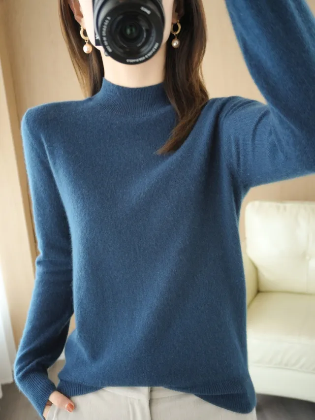 Wool Blend Women's Loose Half Turtleneck Solid Color Blue - Shop at LoveMi