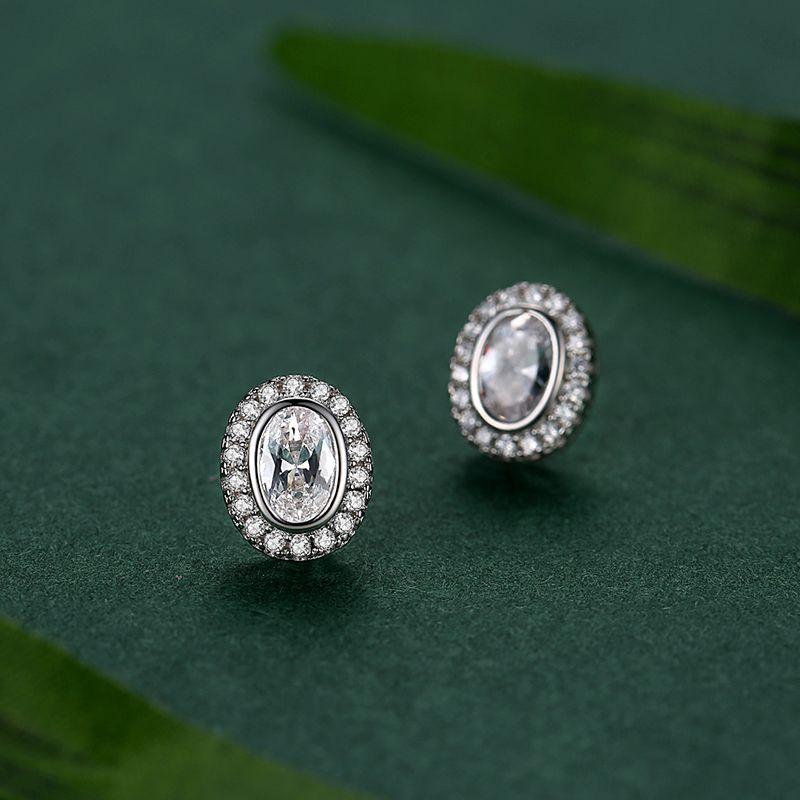 S925 Sterling Silver Oval Simulation Drill Stud Earrings