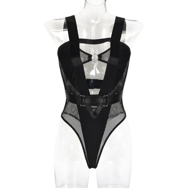 Women's Mesh Large Elastic Round Button Panel Bodysuit Black - Shop at LoveMi