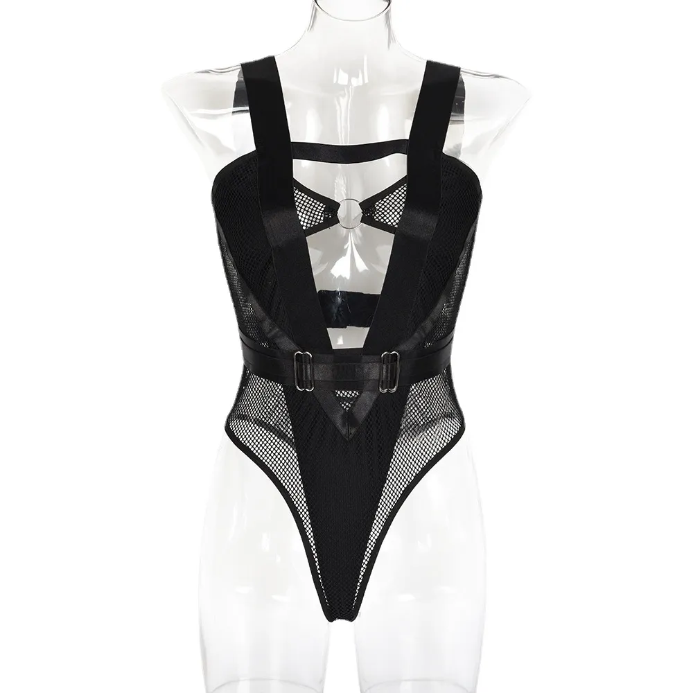 Women's Mesh Large Elastic Round Button Panel Bodysuit - Black