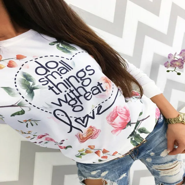 White Round Neck Long Sleeve Multicolor Letter Printing Loose Fit Women's T shirt Green - Shop at LoveMi