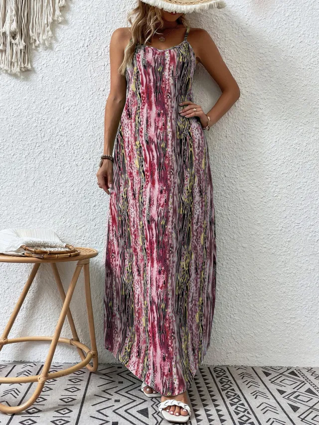 Women's Trendy Printed Drawstring Dress Wine Red - Shop at LoveMi