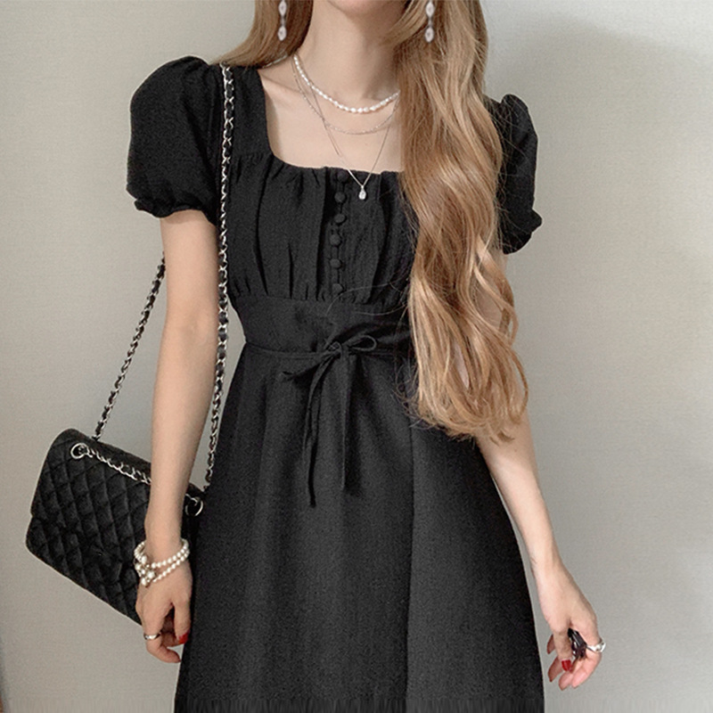 Temperament Square Collar Drawstring Waist Slimming Puff Sleeve Long Dress For Women