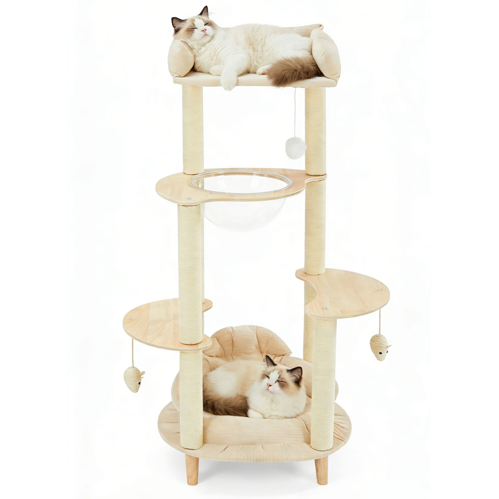 Modern Heavy-Duty No-Drill 4-Tier Solid Wood Cat Tree- 45.7in Multi-Cat Tower With Cozy Bed, Capsule & Extra Wide Perch