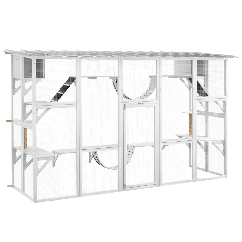 Cat Window Box , Large Catio With Shelves & Bridges, Outside Enclosure For Multiple Cats, White