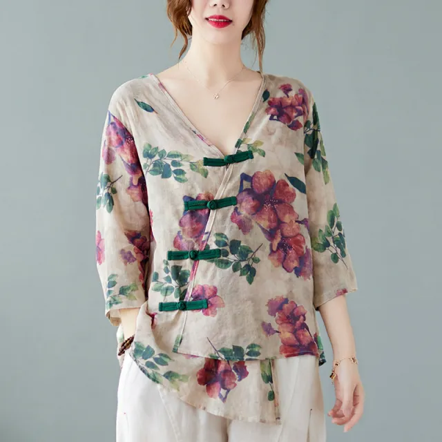 Loose Western Style Buckle V neck Printed T shirt Large Size - Shop at LoveMi