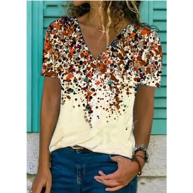 Spring And Summer New V neck Printed T shirt Women's Top Khaki - Shop at LoveMi