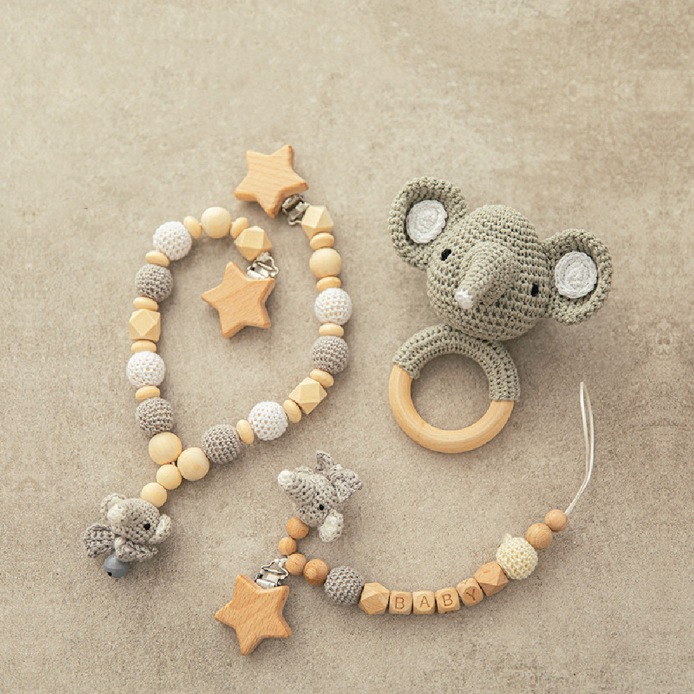 Baby Teether Set: Wooden Rattle, Crochet Toy & Pacifier Chain - MAMTASTIC