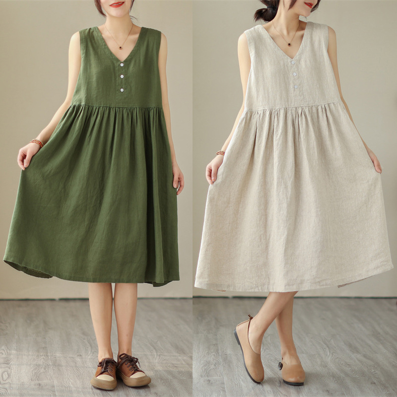 Japanese Cotton Linen V-neck Sleeveless Dress Women.