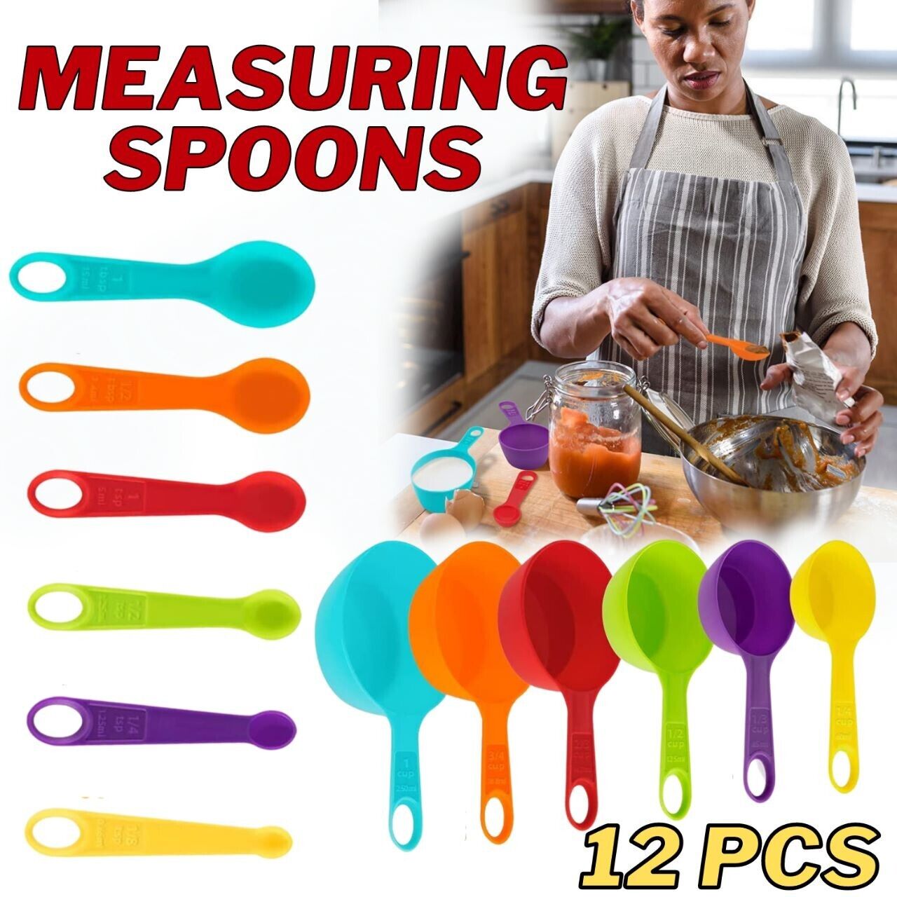 6 Measuring Spoons and 6 Cups Set. we ship only inside the US, USPS First Class Package 2 Day Handling , 2-5 Day Shipping. 12-Piece Plastic Measuring Cups and Spoons Set Great for Baking and Cooking 12 Piece Measuring Cups and Spoons Set, Colored Kitchen 