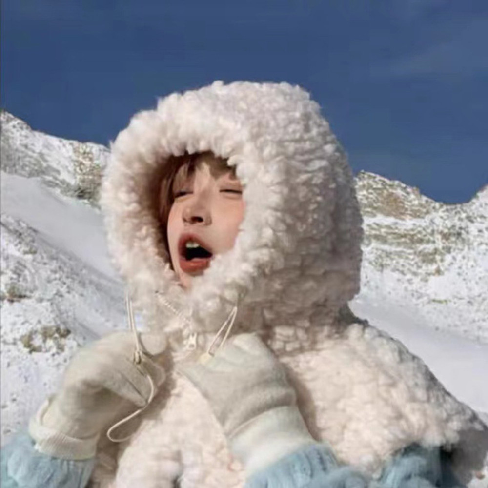 Cute And Sweet Lamb Fur Plush Hooded Shawl