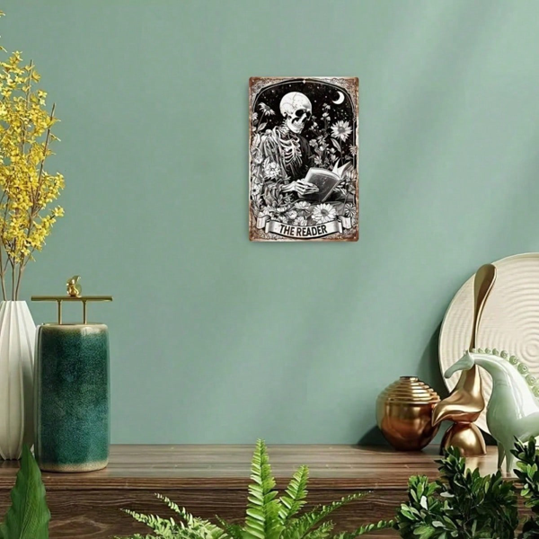 CIFbuy Vintage Retro Skeleton Reading Books Metal Tin Sign, Funny Floral Moon Pattern Rectangular Wall Art, Rectangular Wall Art, Waterproof Rustproof Unfram image 3