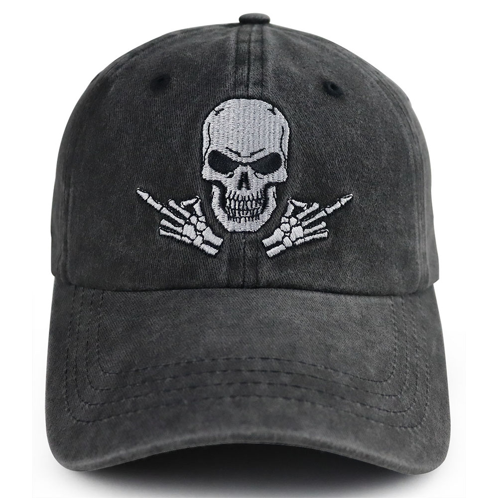 2pcs Washed Black Baseball Cap, Skeleton Middle Finger Embroidery Hat, Halloween Costume Party Accessory For Men Women
