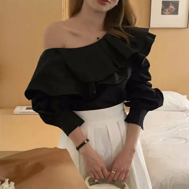 Elegant Irregular Slash Collar Stitching Double Layer Blouse Black - Shop at LoveMi