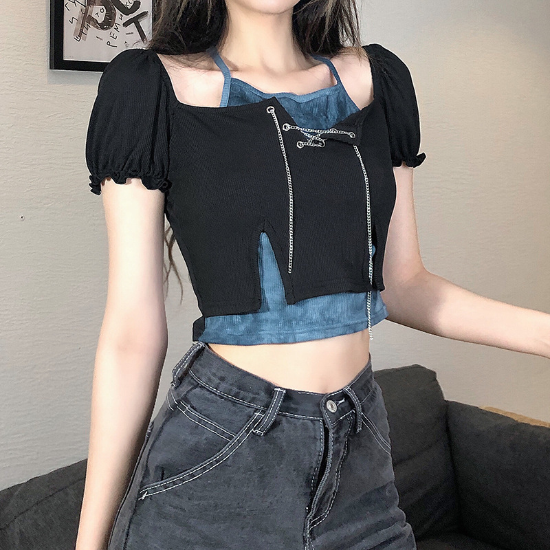 Women's Bubble Ruffle Chain Tie Dye Halter Crop Short Sleeve T-Shirt