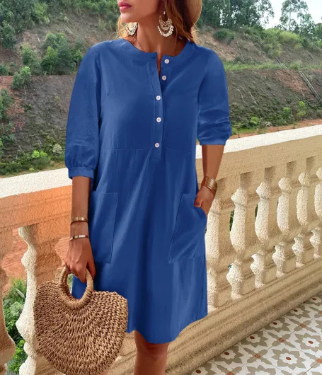 Balloon Sleeve Loose Cotton Linen Pocket Dress Blue - Shop at LoveMi