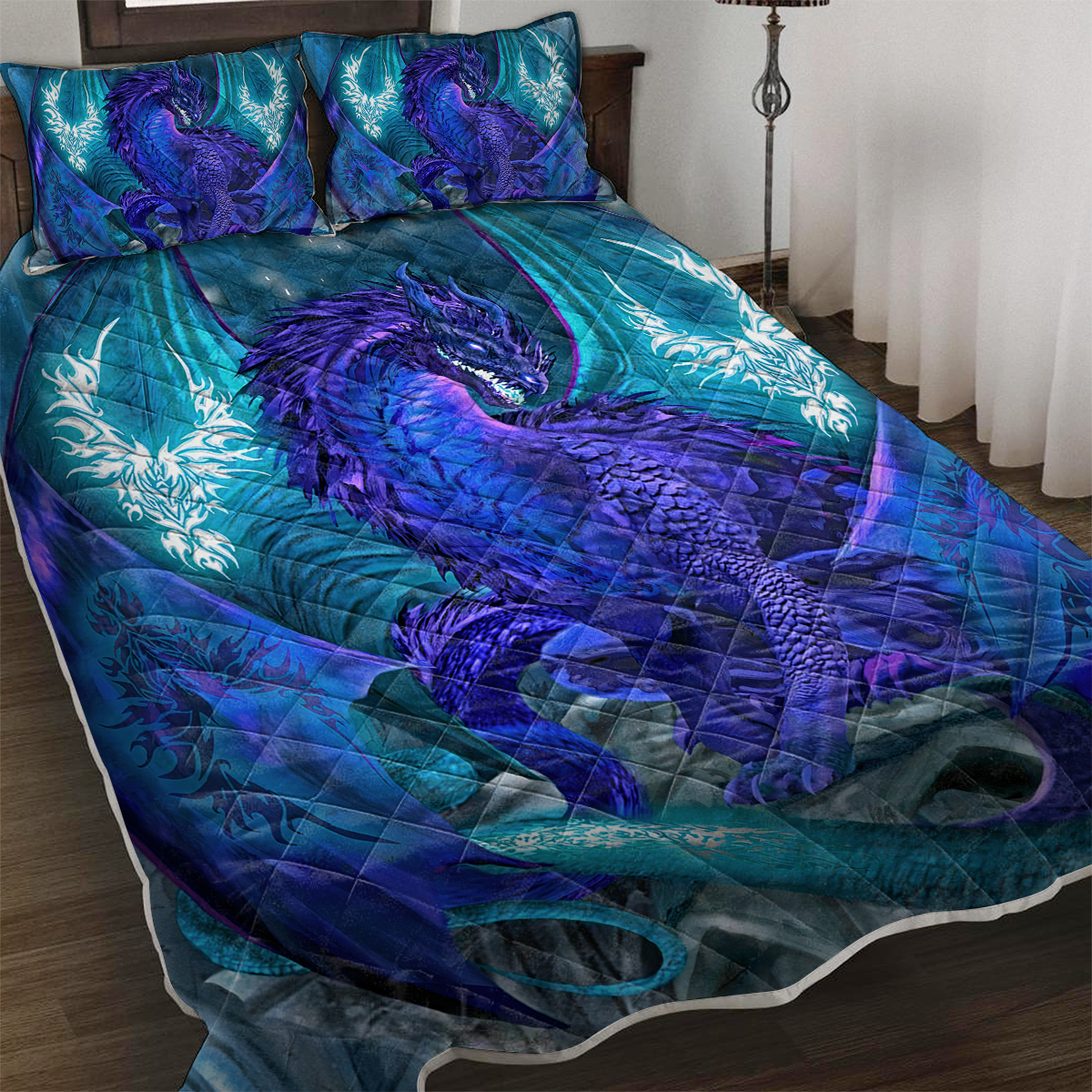 Blue Dragon Quilt Bedding Set Cool Dragon Bedspread Coverlet & 2 Pillow Cover