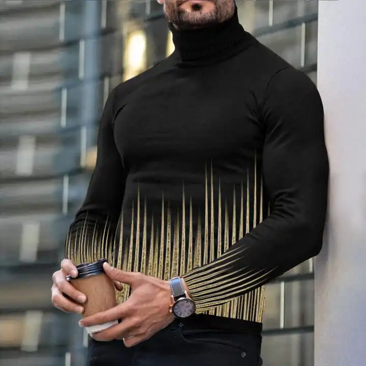 Autumn Winter Men's Long Sleeve Turtleneck T Shirt Printed Casual Top