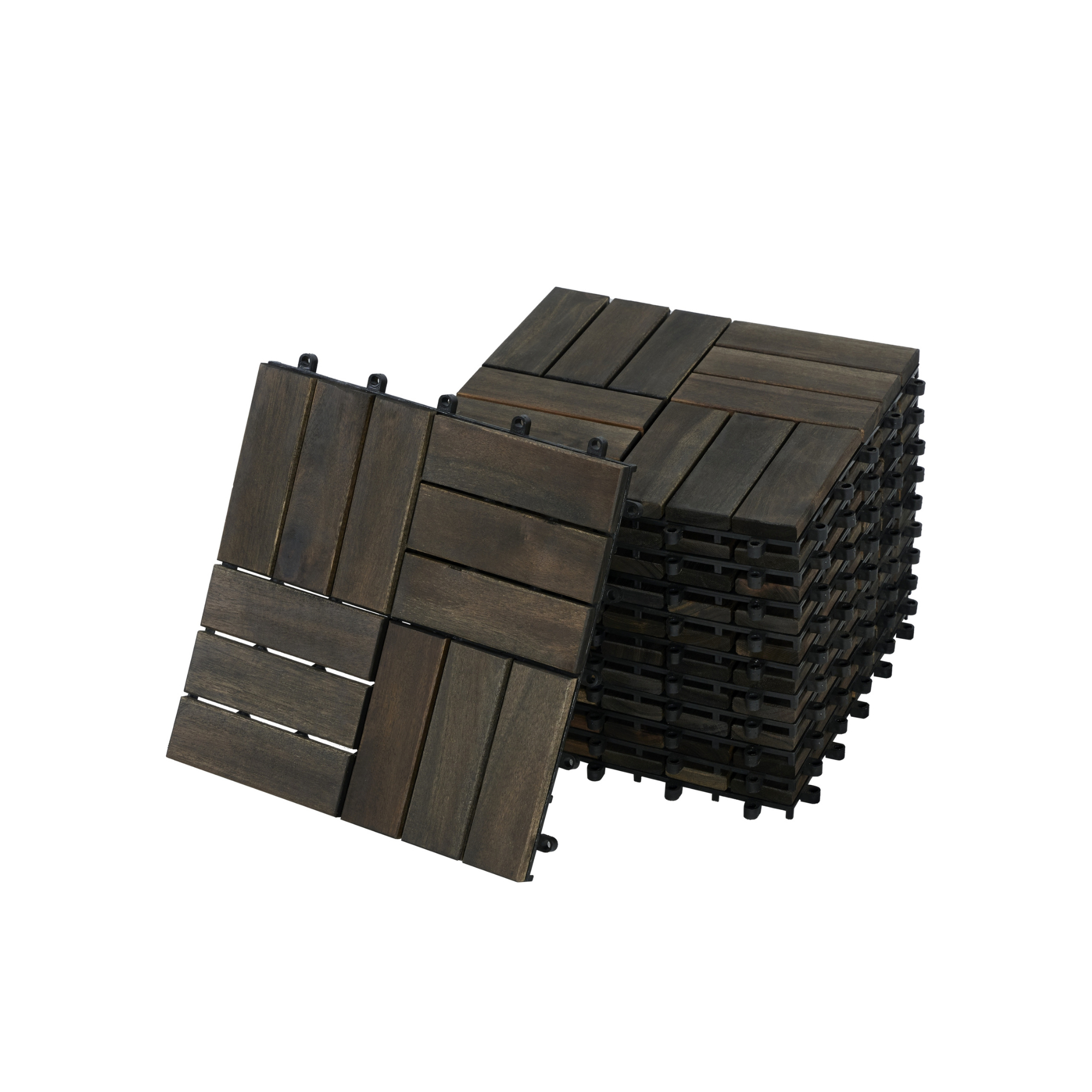 Acacia Wood Interlocking Deck Tiles Checker Pattern, 30 PCS 12inch X 12inch Dark Brown Square Acacia Hardwood Outdoor Flooring For Patio, Bancony, Pool Side