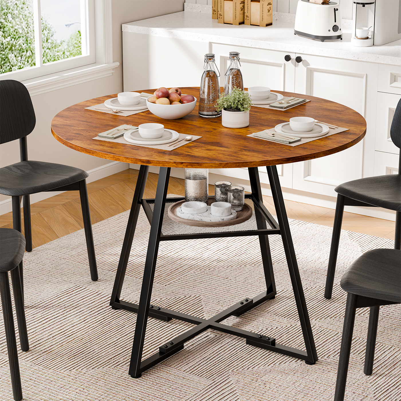 Round Table, Suitable For 4 To 6 People, A Space-saving Kitchen Table With Double-layer Storage Function, Metal Base Frame