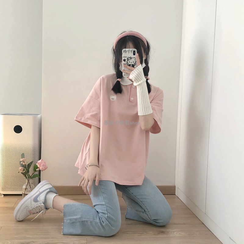 Love Color Matching Bear Embroidery Loose Short Sleeves