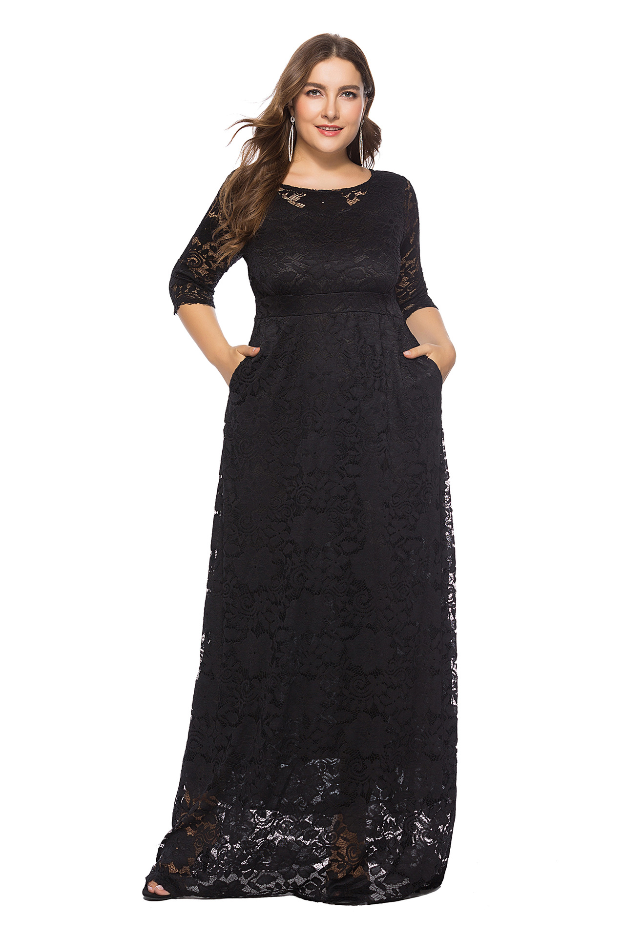 Plus Size Women New Hollow Lace Pocket Dress