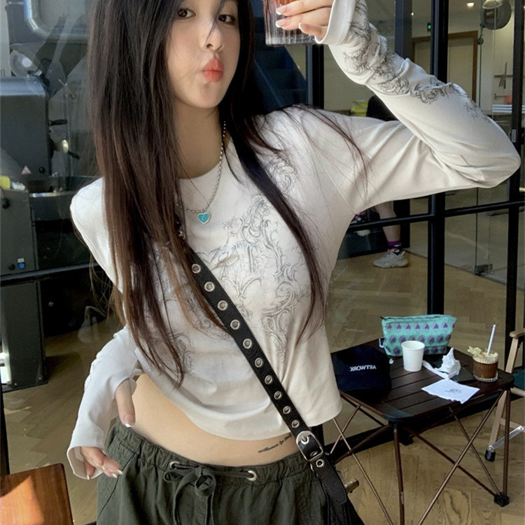 Vintage Printed Short T-shirt In Early Autumn New Slim Long Sleeve Design Top Women
