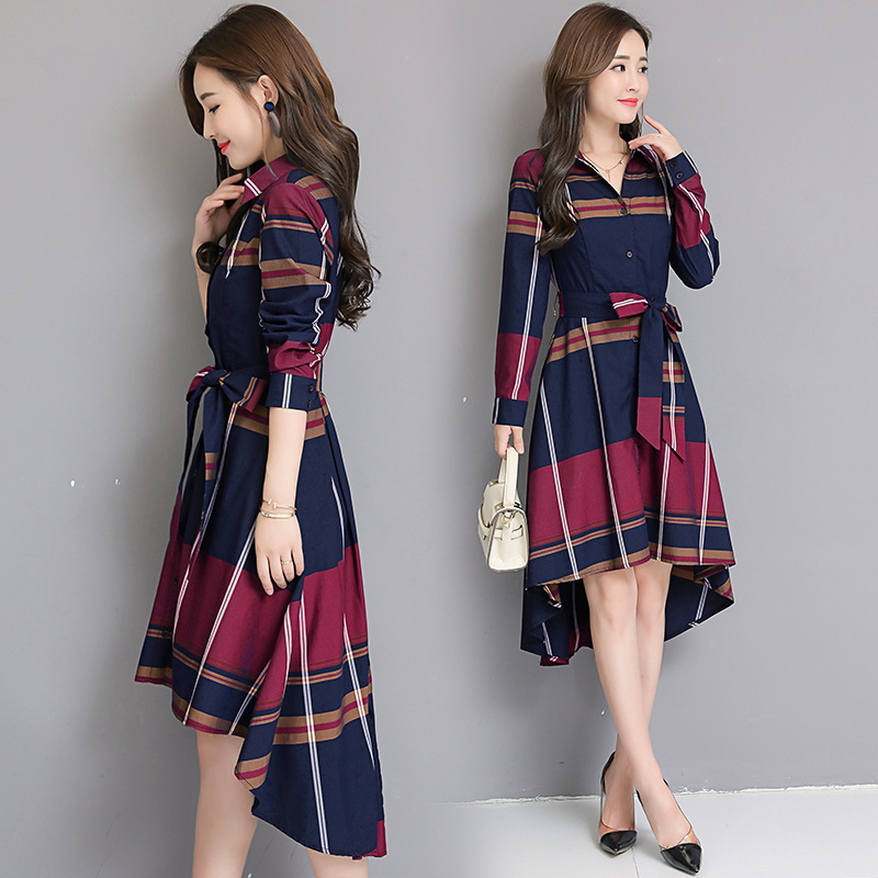 Women's irregular plaid shirt waist dress