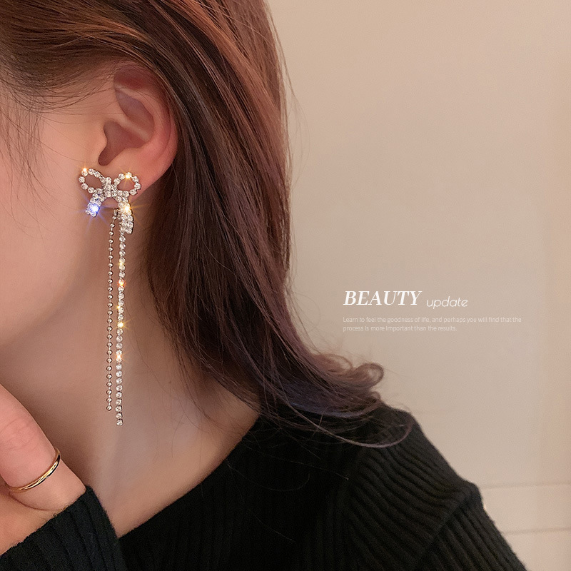 Silver Needle Diamond Bow Earrings Fashion Super Fairy