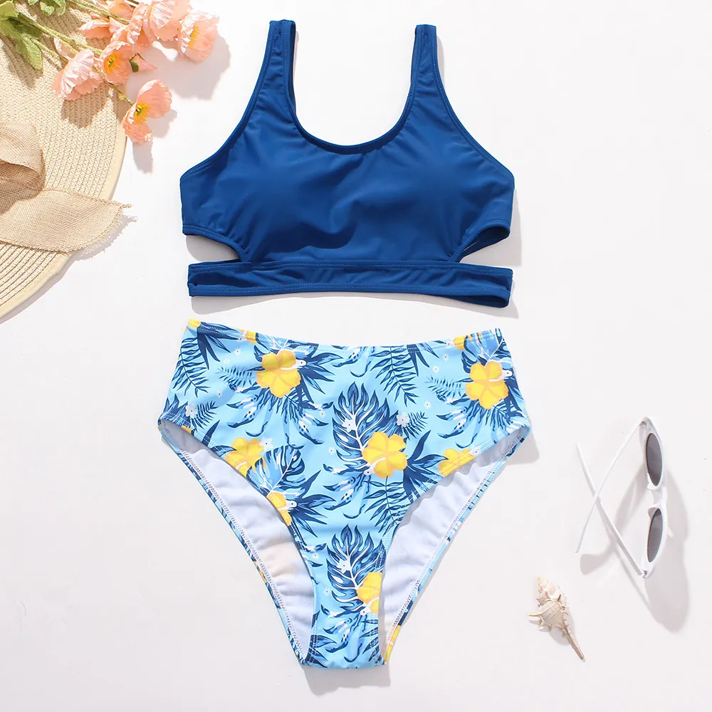 Ladies High Waist Solid Color Printed Swimsuit - Blue