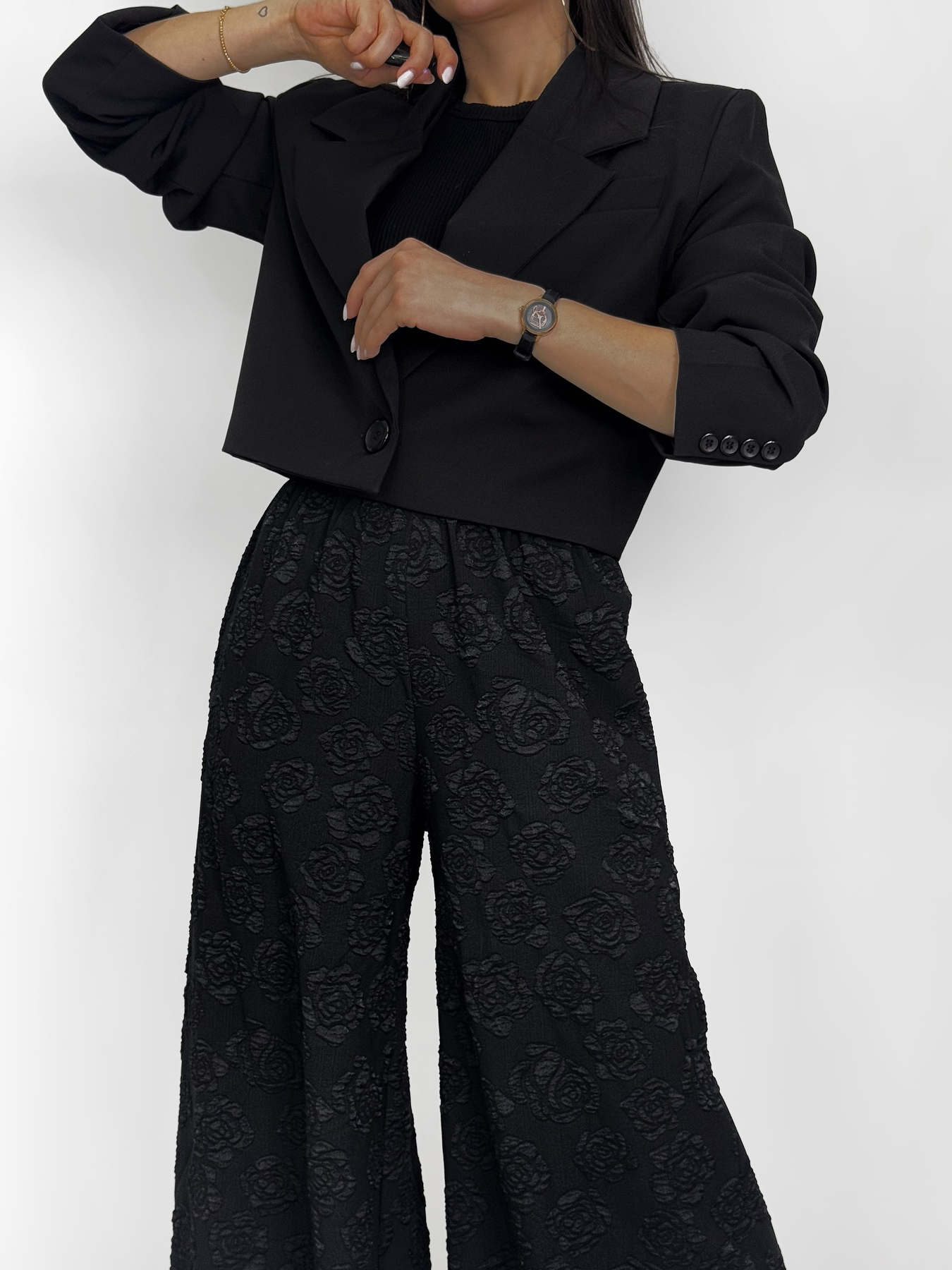 Black Rose Jacquard Wide Leg Pants