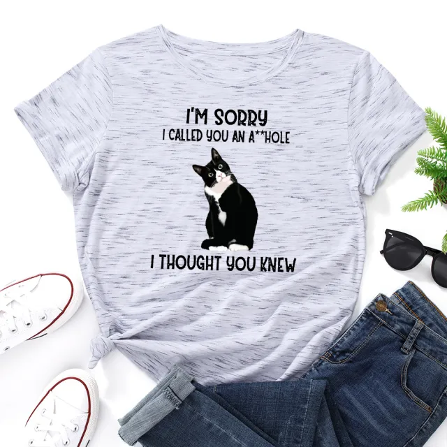 Beautiful Women's Cute Letter Cat Print Loose Round Neck Short sleeved T shirt Women Meteor White - Shop at LoveMi