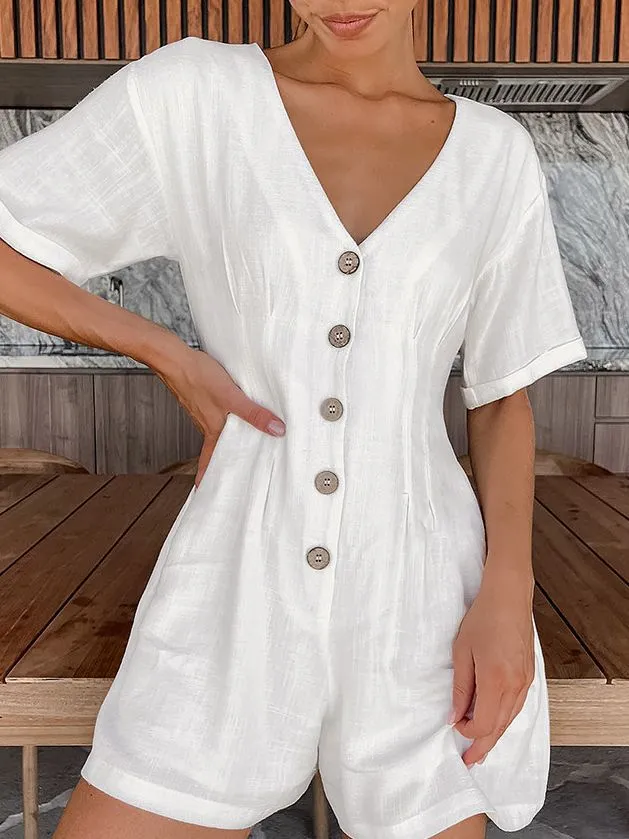 Women's Loose Leisure All matching Temperament V neck Buttons Fitted Waist Jumpsuit White - Shop at LoveMi