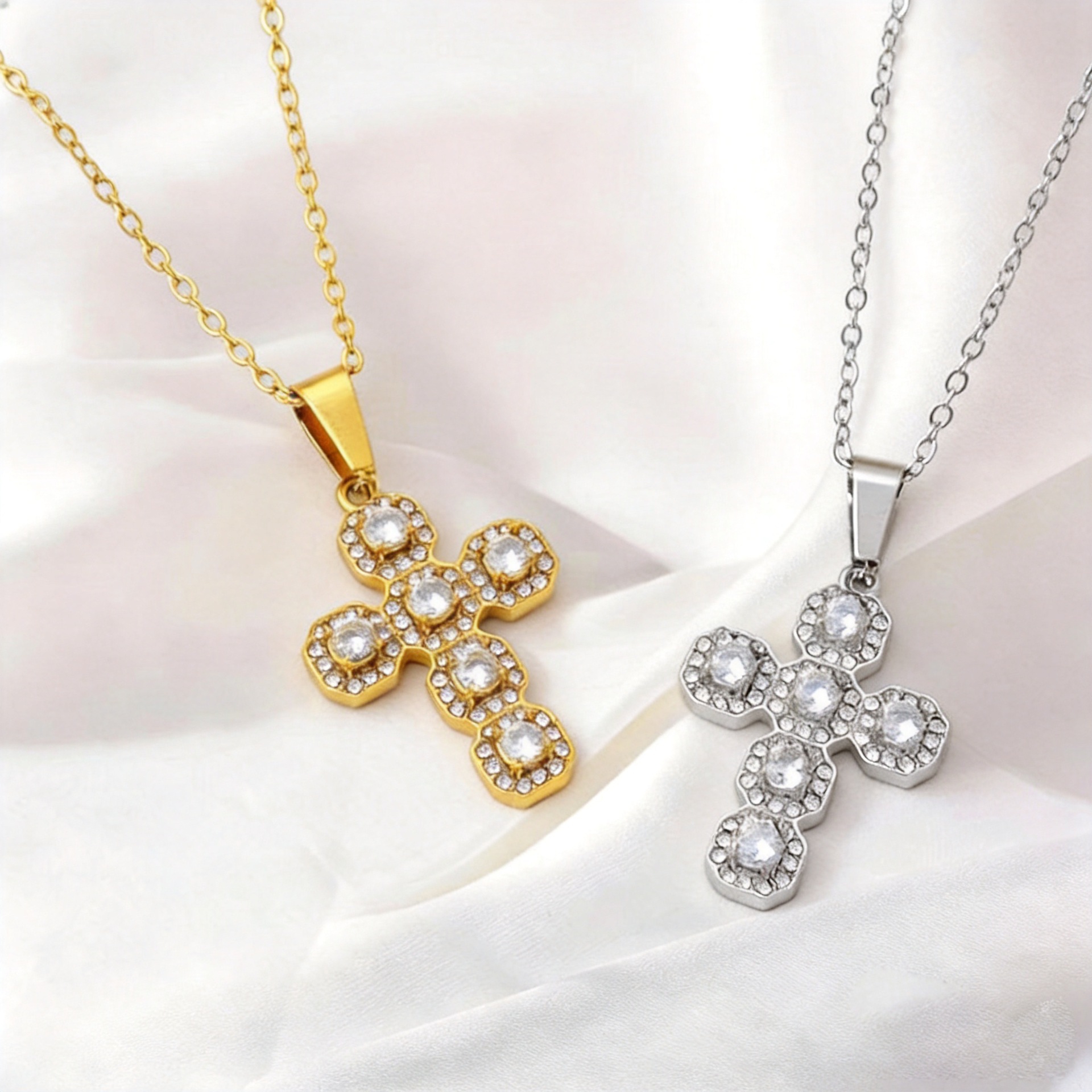 Stainless Steel Cross Pendant Necklace With Zircon Inlay