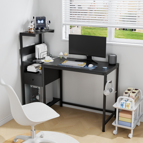 Modern Computer Desk with LED Lights, Power Outlet & Reversible Storage Shelves - Picture 11 of 12