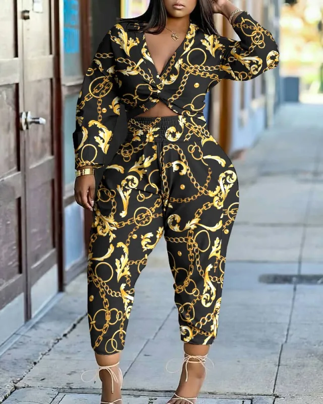 Women's Spring And Autumn Long Sleeve Printing Two piece Suit Black - Shop at LoveMi